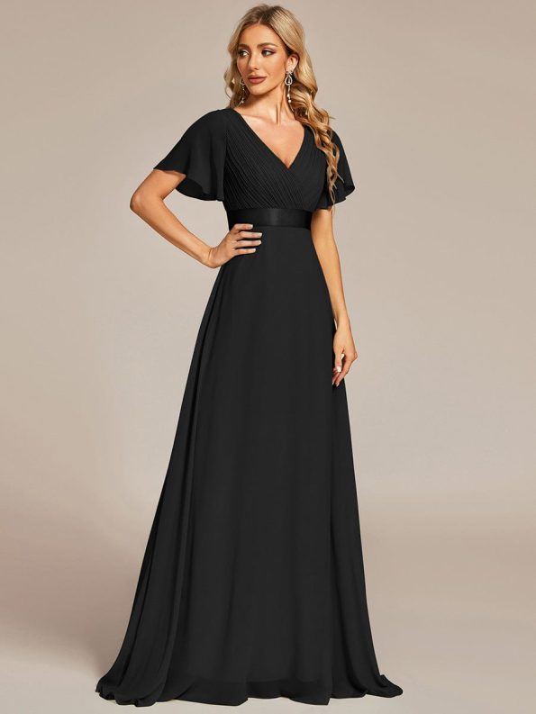 Long Chiffon Empire Waist Bridesmaid Dress with Short Flutter Sleeves - Black