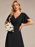 Long Chiffon Empire Waist Bridesmaid Dress with Short Flutter Sleeves – Black