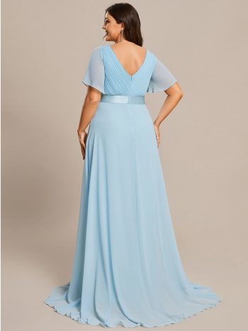 Plus Size Empire Waist V Back Bridesmaid Dress with Short Sleeves - Sky Blue