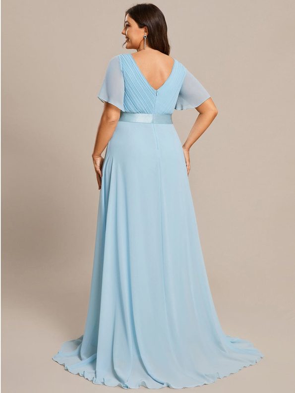 Long Chiffon Empire Waist Bridesmaid Dress with Short Flutter Sleeves - Sky Blue