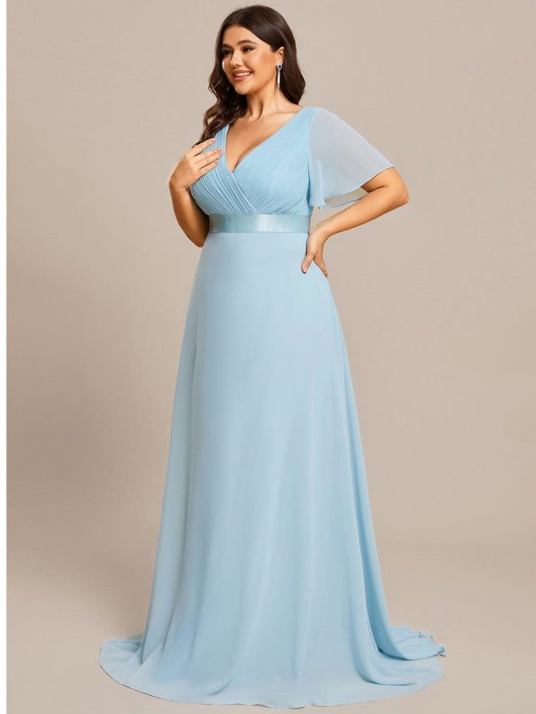 Plus Size Empire Waist V Back Bridesmaid Dress with Short Sleeves - Sky Blue