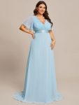 Plus Size Empire Waist V Back Bridesmaid Dress with Short Sleeves – Sky Blue