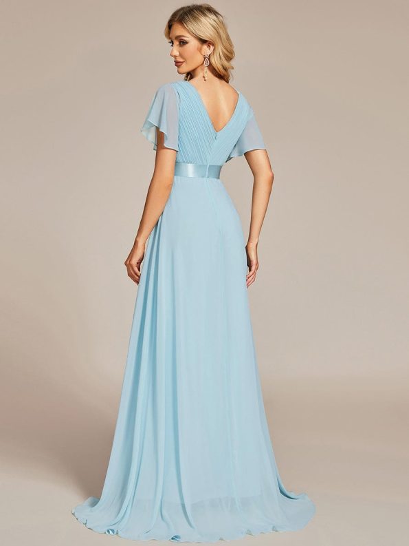 Long Chiffon Empire Waist Bridesmaid Dress with Short Flutter Sleeves - Sky Blue