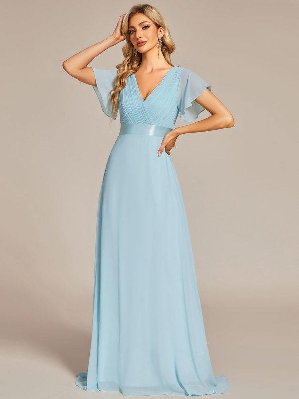 Long Chiffon Empire Waist Bridesmaid Dress with Short Flutter Sleeves - Sky Blue