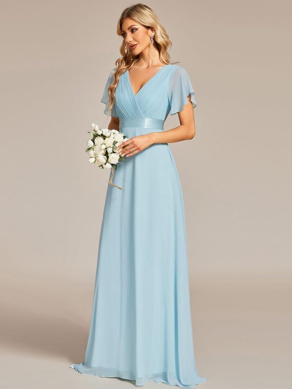 Long Chiffon Empire Waist Bridesmaid Dress with Short Flutter Sleeves - Sky Blue