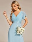 Long Chiffon Empire Waist Bridesmaid Dress with Short Flutter Sleeves – Sky Blue