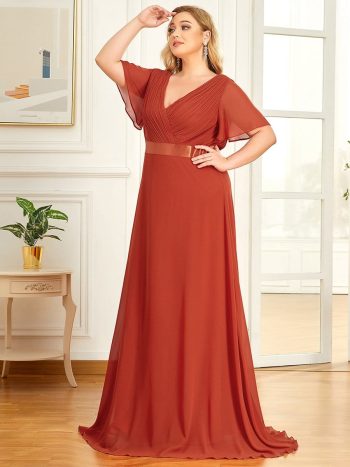 Plus Size Simple Empire Waist Flutter Sleeve Evening Dress - Burnt Orange