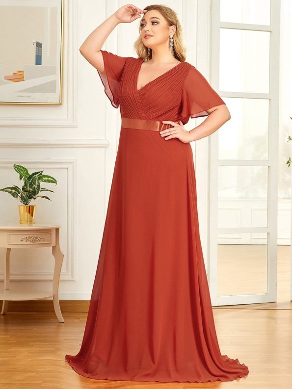 Plus Size Simple Empire Waist Flutter Sleeve Evening Dress - Burnt Orange