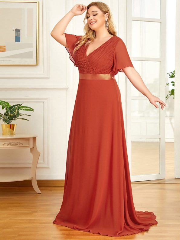 Plus Size Empire Waist V Back Bridesmaid Dress with Short Sleeves - Burnt Orange