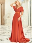 Long Chiffon Empire Waist Bridesmaid Dress with Short Flutter Sleeves – Burnt Orange