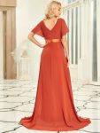 Long Chiffon Empire Waist Bridesmaid Dress with Short Flutter Sleeves – Burnt Orange