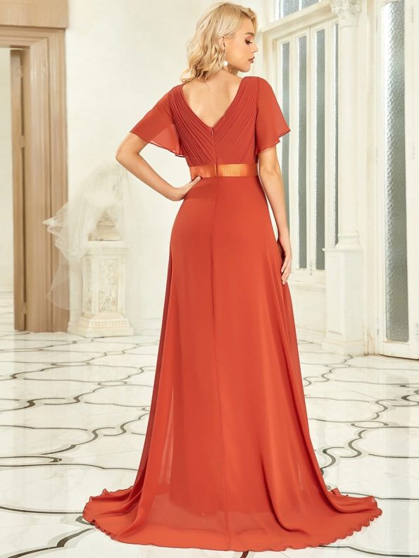 Long Chiffon Empire Waist Bridesmaid Dress with Short Flutter Sleeves - Burnt Orange