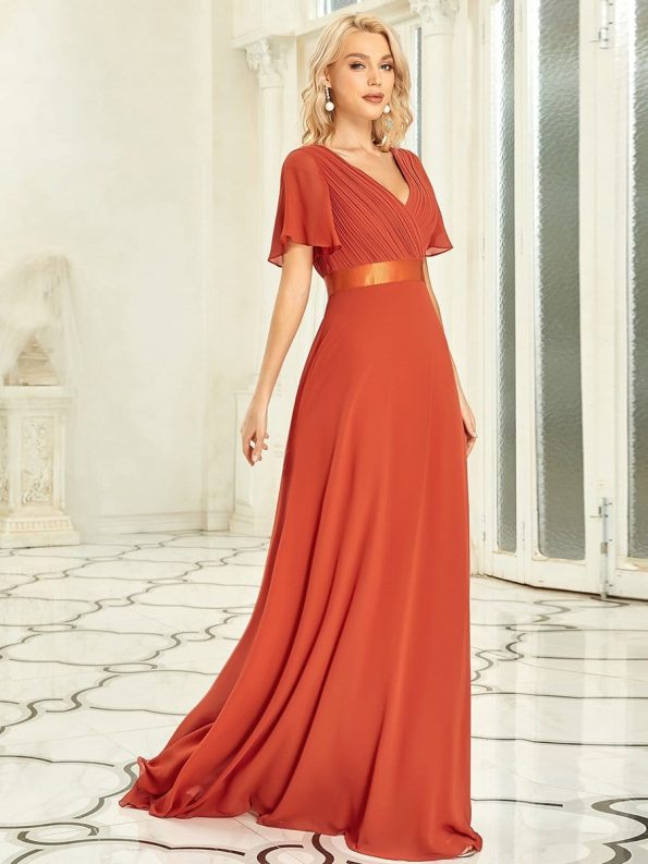 Long Chiffon Empire Waist Bridesmaid Dress with Short Flutter Sleeves - Burnt Orange