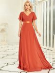 Long Chiffon Empire Waist Bridesmaid Dress with Short Flutter Sleeves – Burnt Orange