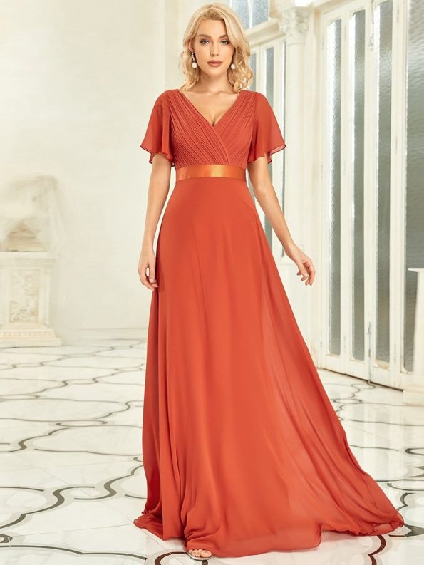 Long Chiffon Empire Waist Bridesmaid Dress with Short Flutter Sleeves - Burnt Orange