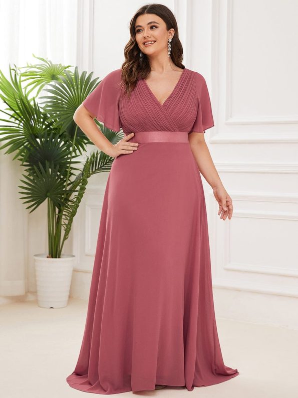 Plus Size Empire Waist V Back Bridesmaid Dress with Short Sleeves - Cameo Brown