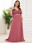 Plus Size Empire Waist V Back Bridesmaid Dress with Short Sleeves - Cameo Brown