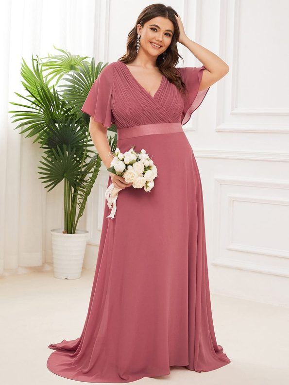 Long Chiffon Empire Waist Bridesmaid Dress with Short Flutter Sleeves - Cameo Brown