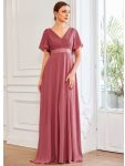 Long Chiffon Empire Waist Bridesmaid Dress with Short Flutter Sleeves – Cameo Brown