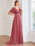 Long Chiffon Empire Waist Bridesmaid Dress with Short Flutter Sleeves – Cameo Brown