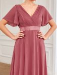 Long Chiffon Empire Waist Bridesmaid Dress with Short Flutter Sleeves – Cameo Brown