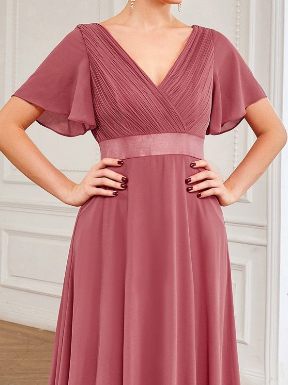 Long Chiffon Empire Waist Bridesmaid Dress with Short Flutter Sleeves - Cameo Brown