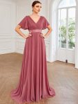 Long Chiffon Empire Waist Bridesmaid Dress with Short Flutter Sleeves - Cameo Brown