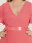 Plus Size Simple Empire Waist Flutter Sleeve Evening Dress – Coral