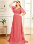 Plus Size Empire Waist V Back Bridesmaid Dress with Short Sleeves – Coral