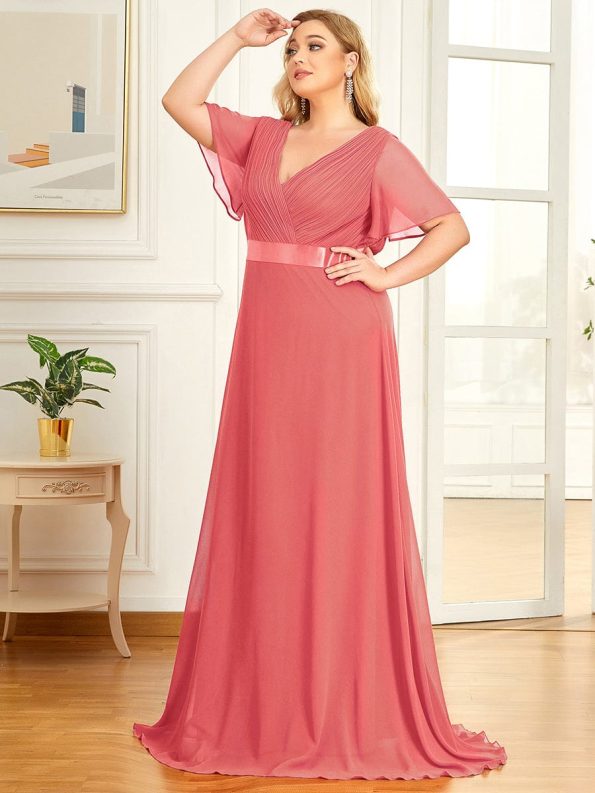 Plus Size Empire Waist V Back Bridesmaid Dress with Short Sleeves - Coral