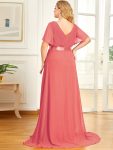 Plus Size Empire Waist V Back Bridesmaid Dress with Short Sleeves – Coral