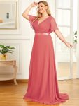 Plus Size Empire Waist V Back Bridesmaid Dress with Short Sleeves – Coral