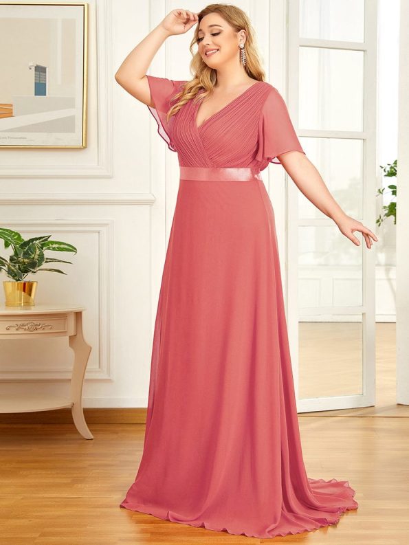 Plus Size Empire Waist V Back Bridesmaid Dress with Short Sleeves - Coral