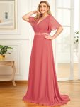 Plus Size Simple Empire Waist Flutter Sleeve Evening Dress – Coral