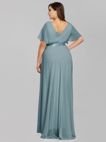 Custom Size Flutter Sleeves Chiffon Empire Waist Bridesmaid Dress - Dusty Blue