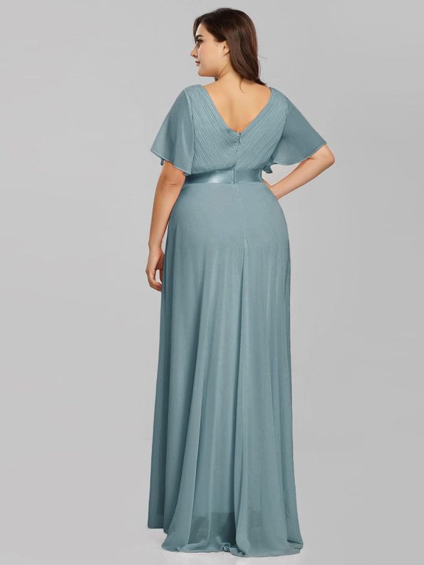 Plus Size Empire Waist V Back Bridesmaid Dress with Short Sleeves - Dusty Blue