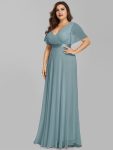 Plus Size Empire Waist V Back Bridesmaid Dress with Short Sleeves – Dusty Blue