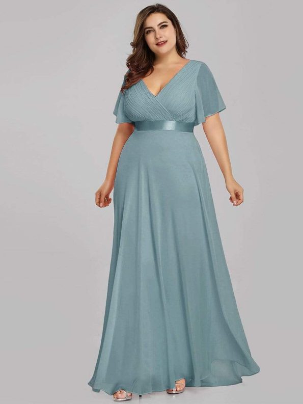 Long Empire Waist Bridesmaid Dress with Short Flutter Sleeves - Dusty Blue