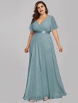 Plus Size Empire Waist V Back Bridesmaid Dress with Short Sleeves – Dusty Blue