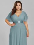 Plus Size Empire Waist V Back Bridesmaid Dress with Short Sleeves – Dusty Blue