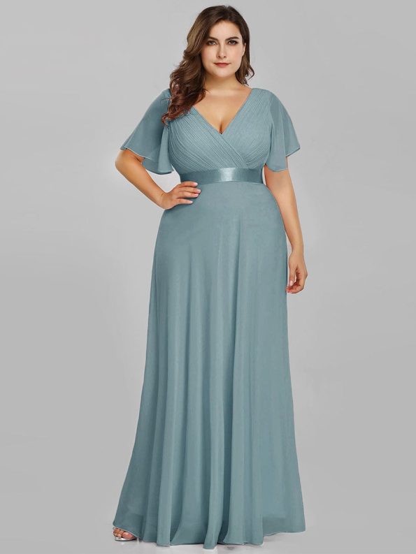 Plus Size Empire Waist V Back Bridesmaid Dress with Short Sleeves - Dusty Blue