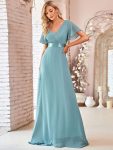 Long Empire Waist Bridesmaid Dress with Short Flutter Sleeves – Dusty Blue