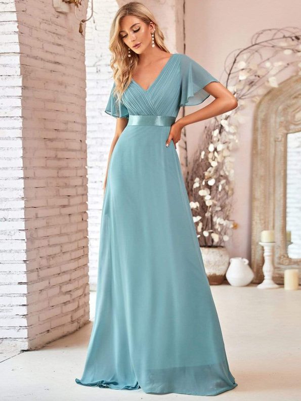 Long Empire Waist Bridesmaid Dress with Short Flutter Sleeves - Dusty Blue