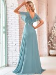 Long Empire Waist Bridesmaid Dress with Short Flutter Sleeves – Dusty Blue