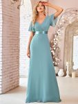 Long Empire Waist Bridesmaid Dress with Short Flutter Sleeves – Dusty Blue