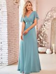 Long Empire Waist Bridesmaid Dress with Short Flutter Sleeves – Dusty Blue