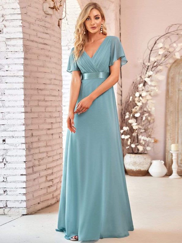 Long Empire Waist Bridesmaid Dress with Short Flutter Sleeves - Dusty Blue