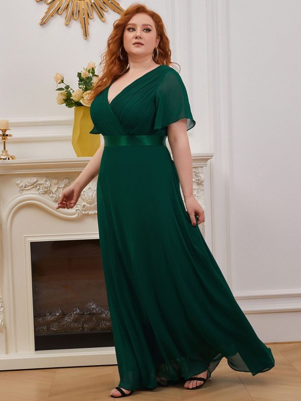 Plus Size Empire Waist V Back Bridesmaid Dress with Short Sleeves - Dark Green