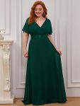 Plus Size Empire Waist V Back Bridesmaid Dress with Short Sleeves – Dark Green