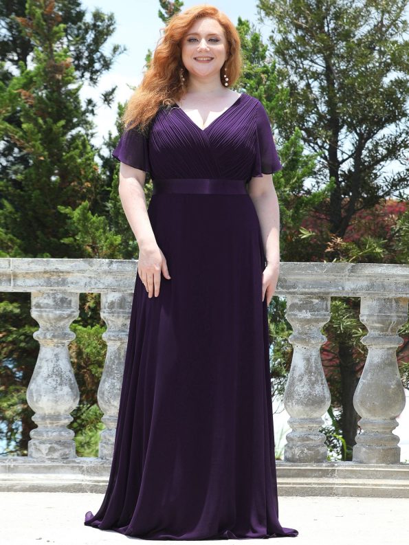 Custom Size Flutter Sleeves Chiffon Empire Waist Bridesmaid Dress - Dark Purple